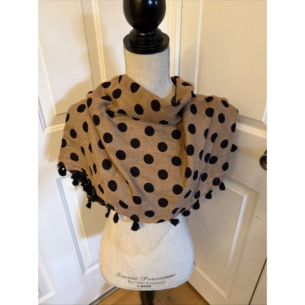 POLKADOT INFINITY SCARF unbranded Black And Brown Polka Dot Scarf With Tassels